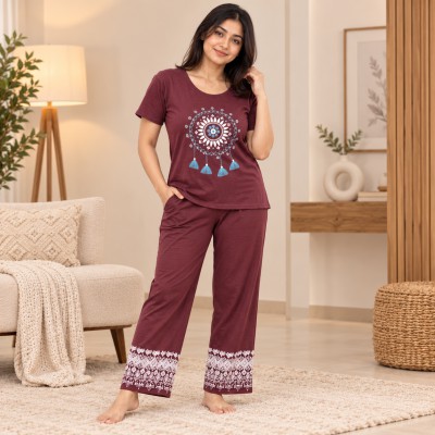 Ladies Night Wear Premium cotton Suit Maroon